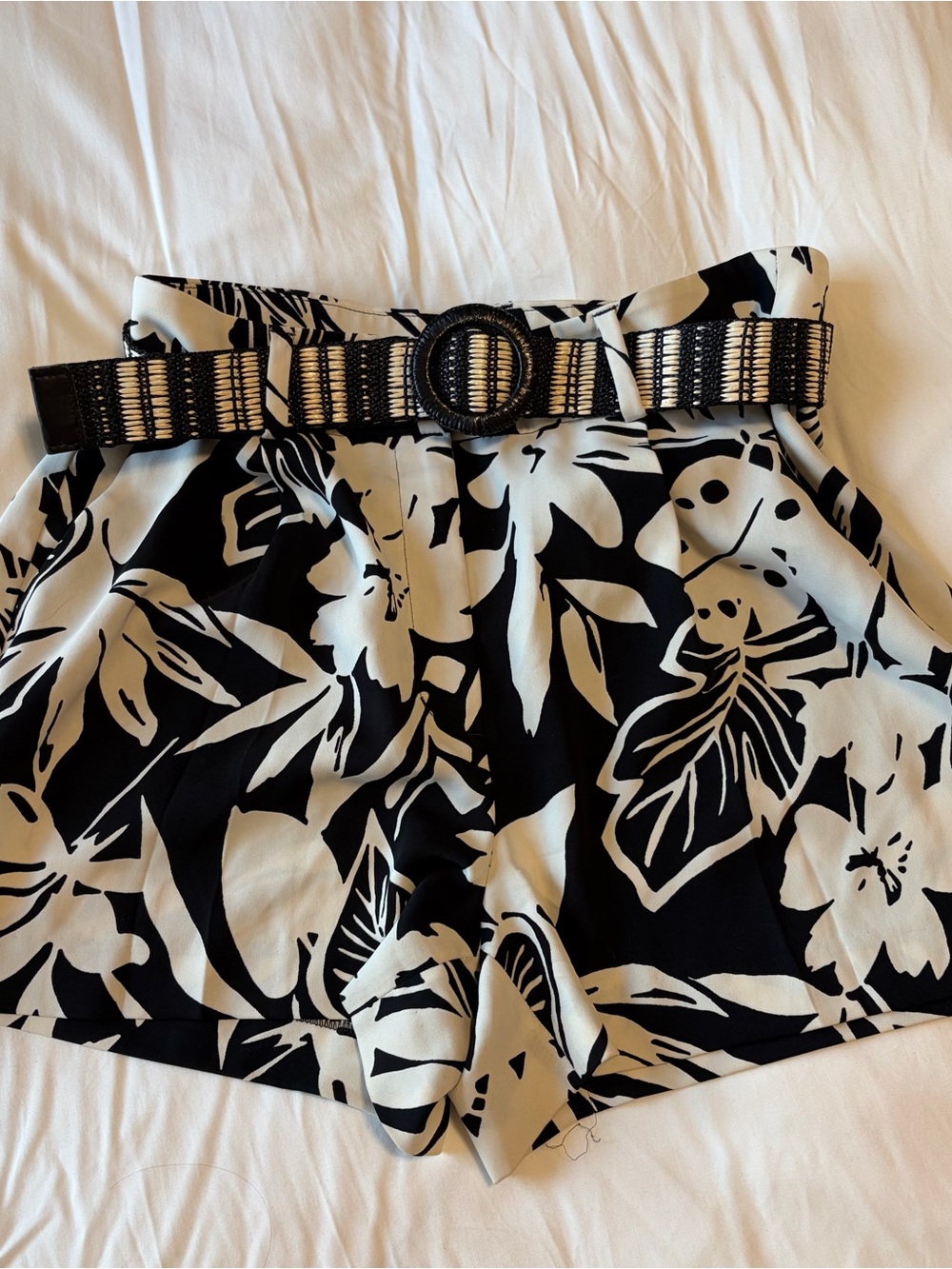 Express Black and White Floral High-Rise Shorts with Woven Belt